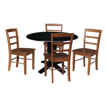 International Concepts 42 in. Solid Wood Dual Drop Leaf Dining Table with 4 Chairs in Black/Distressed Oak K46-42DPT-23-C42-2-4
